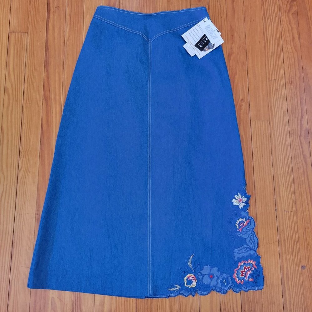 Napa Valley M Blue Jean‎ Denim Embroidered Skirt With Slit NWT Boho Modest